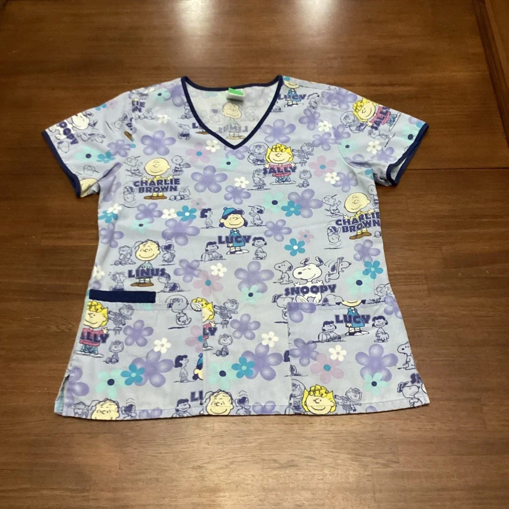 Peanuts Charlie Brown Snoopy Floral Scrub Top V-Neck Medical Uniform Small